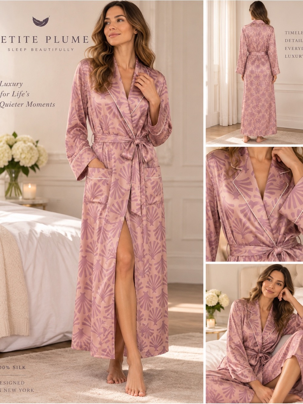 Petite Plume Blush Tide 100% Silk Long Robe Women’s NWT